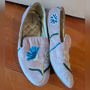 BIRDIES Starling Embroidered Flats Velvet Slippers Floral Pink Loafers Women 8.5